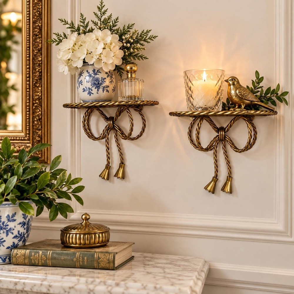 Vintage Brass Tone Wall Shelves Pair Twisted Metal Bow Hollywood Regency Display